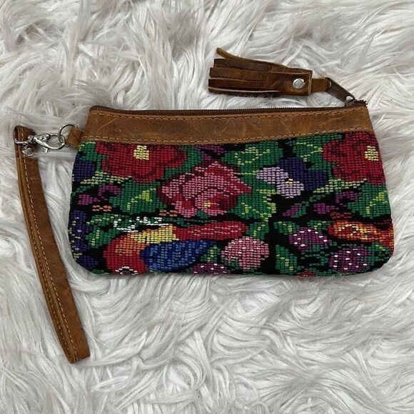 Sabra & Sand Huipile and Leather Floral Tasseled Wristlet - Picture 1 of 16
